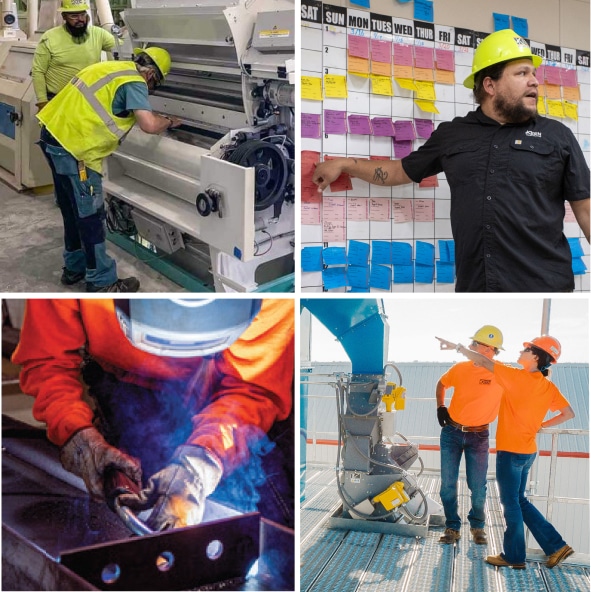 Grouping of four images in a two by two grid. Top left, a man in lime vest and lime hard hat working over machinery. Top right, a man in a black shirt and green hard hat next to a wall of post it notes. Bottom left, a person in an orange shirt and white hat welding. Bottom right, two people in orange shirts next to a roof unit.